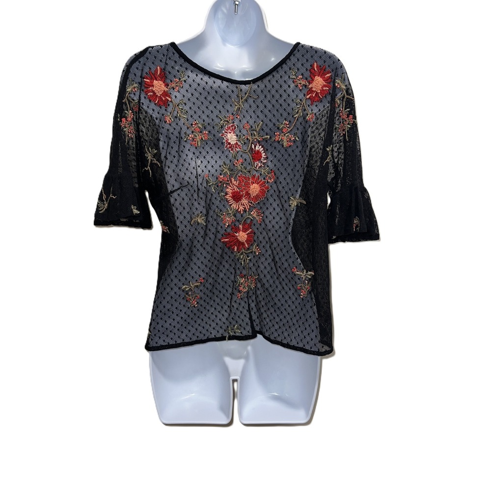 Whimsigoth Dark Boho Maeve Anthro Black Sheer Top Floral Embroidery Women's S